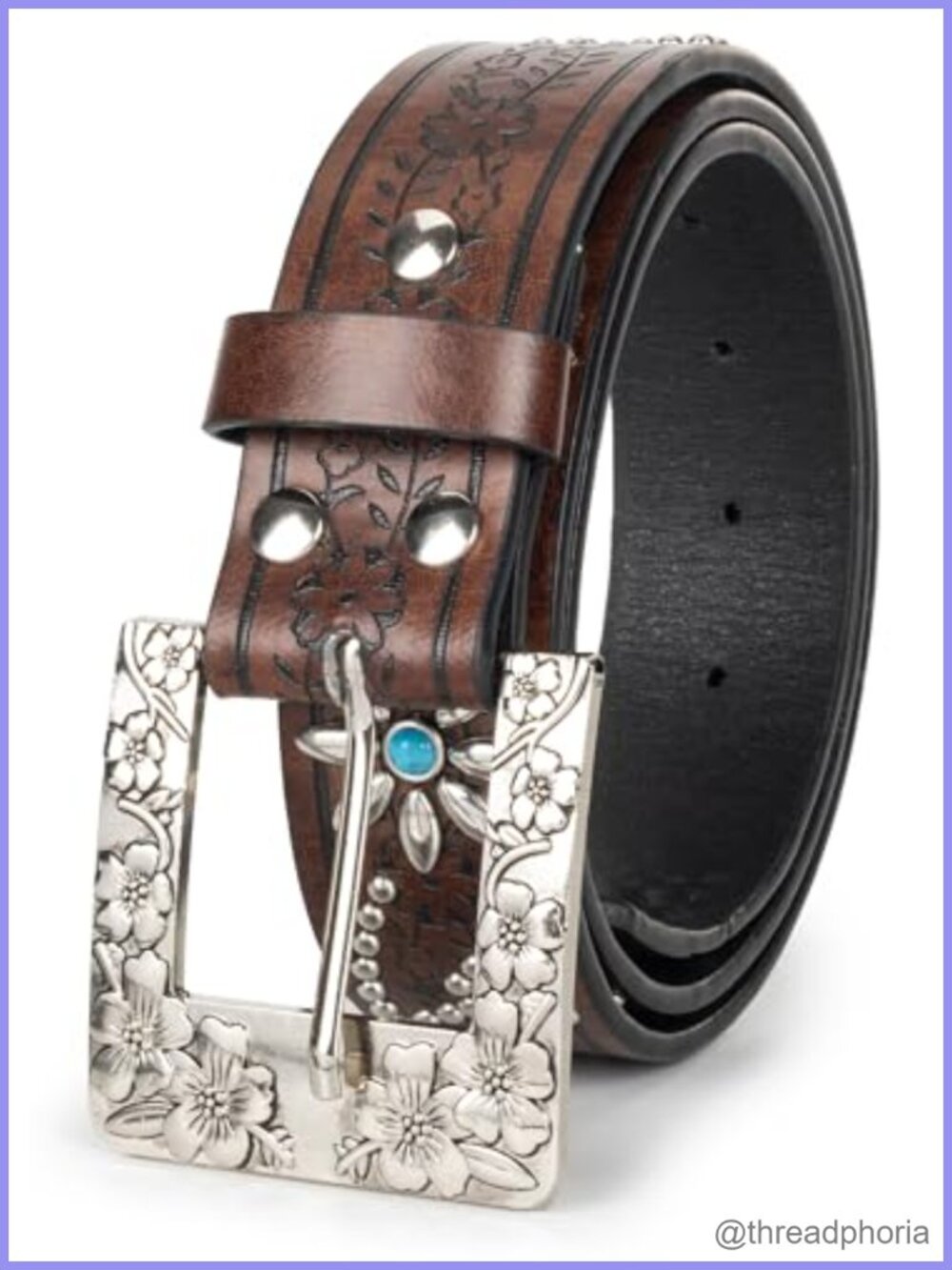 Western Rhinestone Buckle Belt Embossed Floral PU Leather Cowgirl Belt